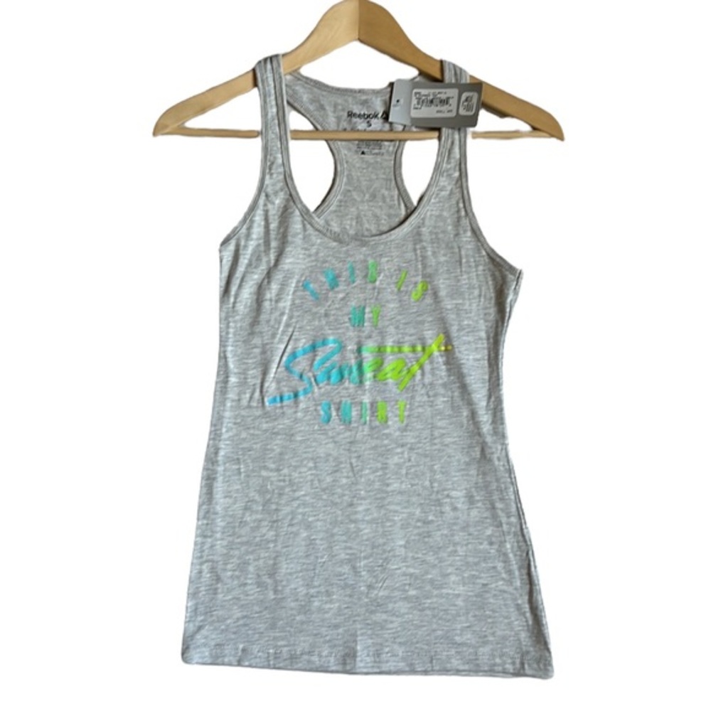 Reebok THIS IS MY SWEAT SHIRT Graphic Heathered Gray Tank Top Size Small New - Picture 4 of 9